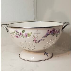 Vintage Enameled Steel Colander Floral Garden Cottagecore Birdhouse Bird